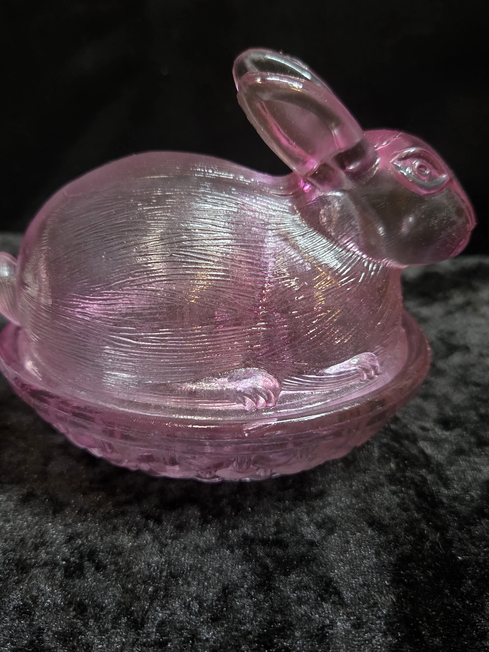 VTG Pink Glass Bunny On Nest Easter Trinket Box